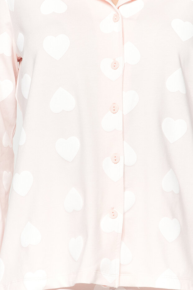Pudra %100 Pamuklu Kalpli Gömlek-Pantolon Örme Pijama Takımı THMAW24PT00253 - 4