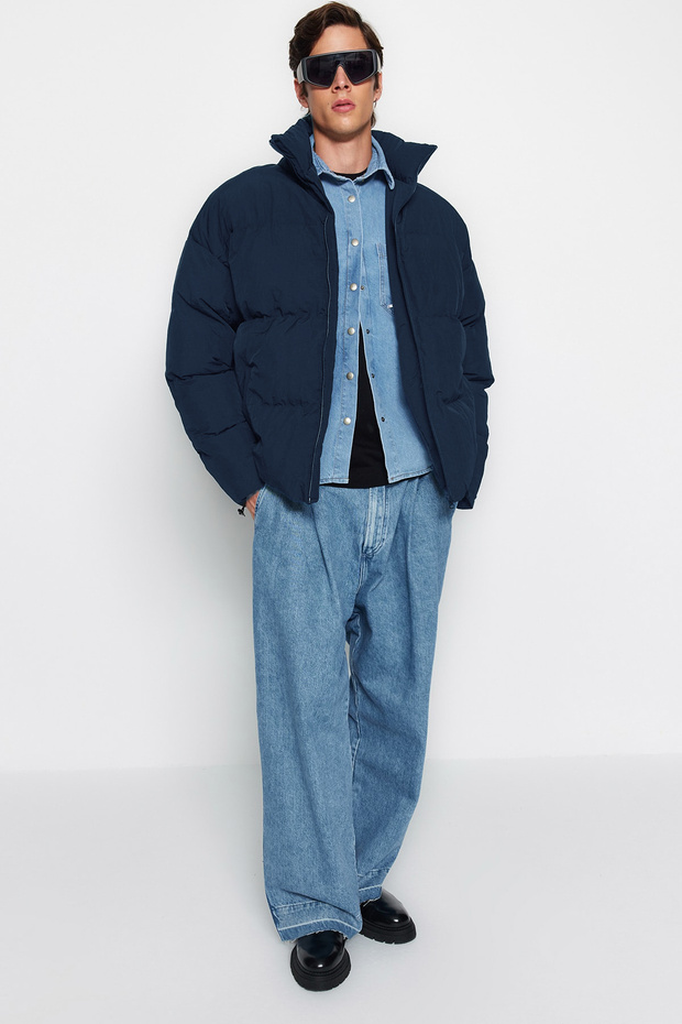Navy Blue Unisex Oversize Fit Stand Collar Waterproof and Windproof Puffer Winter Coat Tmnaw24Mo00003