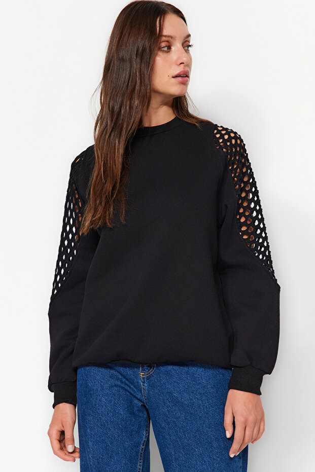 Siyah File Detaylı Kalın İçi Polarlı Regular/Normal Kalıp Örme Sweatshirt TWOAW24SW00134 - 4