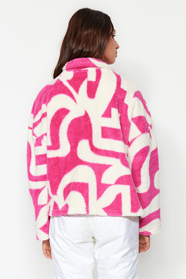 Fuşya Kalın Polar Desenli Fermuarlı Dik Yaka Uzun Kol Örme Sweatshirt TWOAW24SW00045 - 5