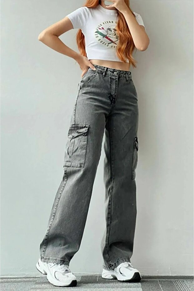 Hillary Smoked Cargo Loose Lycra Super High Waist Jean Trousers Without Back Pocket