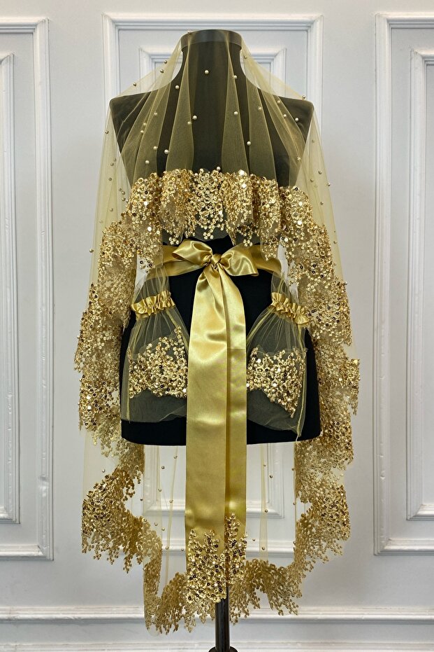 Gold Vip Bridal Veil Set, Daisy Guipure Beaded Sequin Pearl Henna Veil Set 6 Pieces