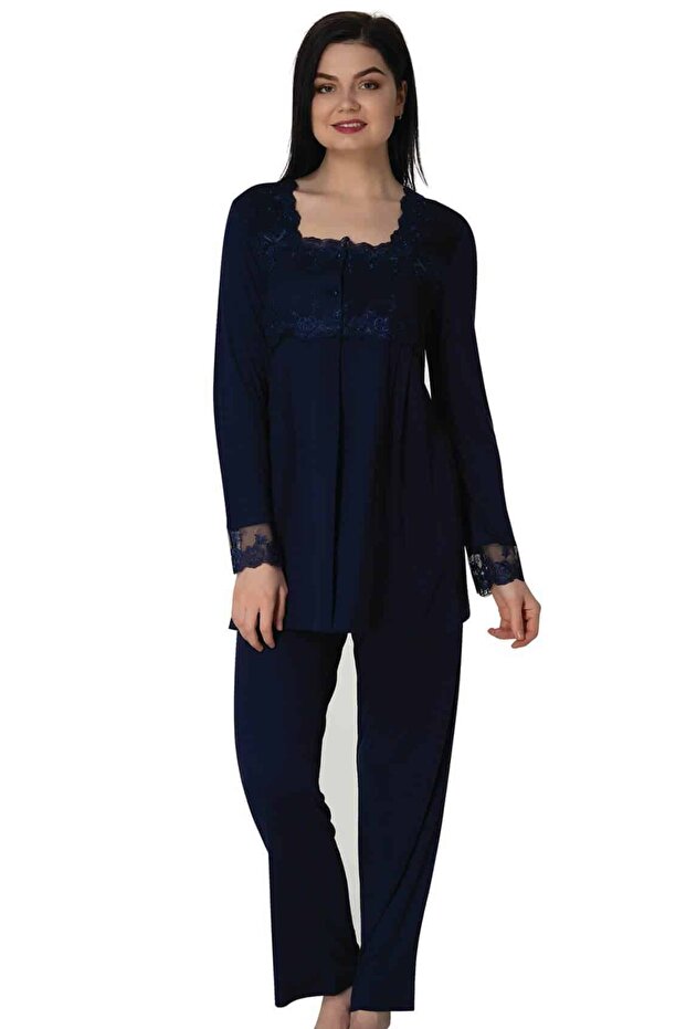 Women's Navy Blue Lace Long Sleeve Maternity Pajama Set