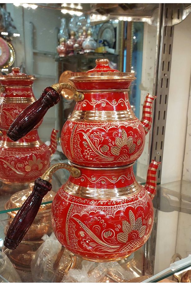 Bakır Çaydanlık-bakır Demlik El Işlemeli Bakır Demlik No:2 Çiçek Desenli Çaydanlik Tombul Çaydanlık - 3