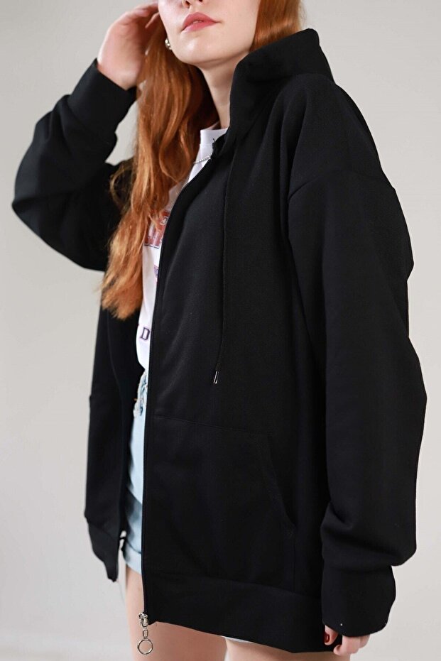 Siyah Iki Iplik Basic Oversize Hırka - 5
