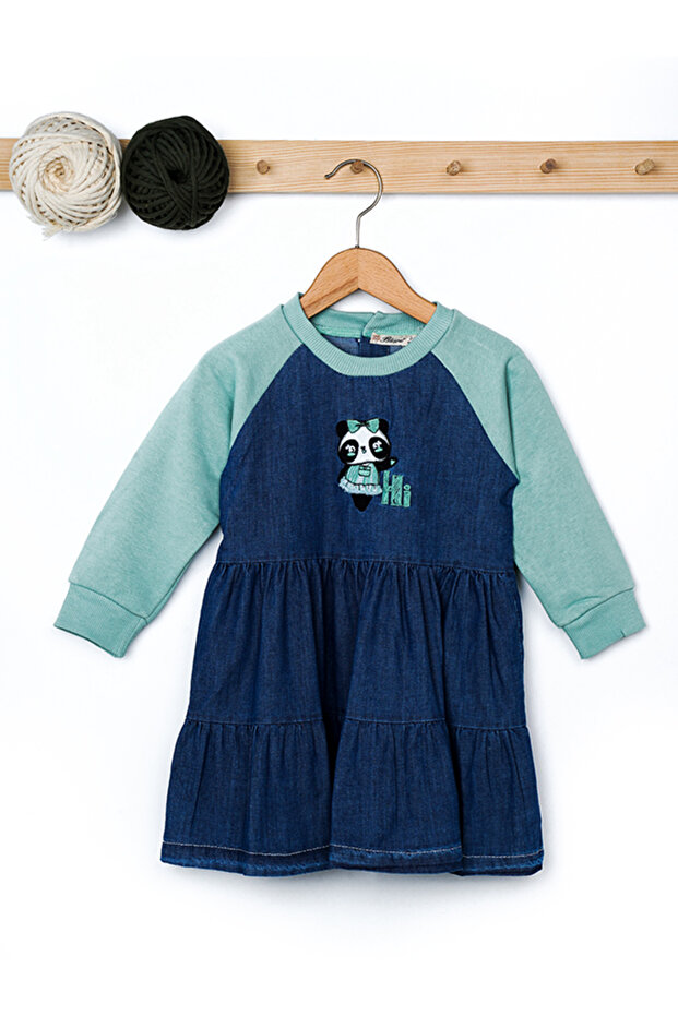Girl's Panda Embroidered Long Sleeve Denim Dress Age 3-6