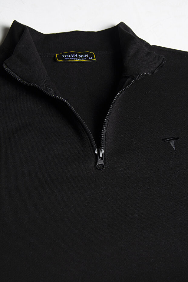 Men's Black Half Zipper Basic Solid Color Trend Sweatshirt - 3