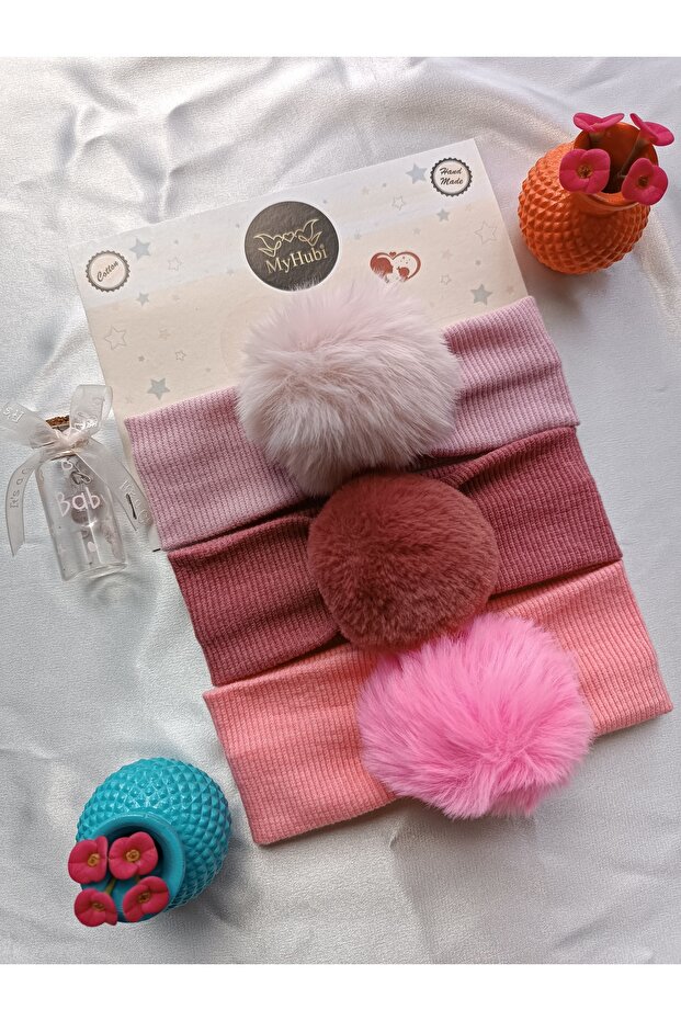 3-Piece Combination Handmade Baby Girl Rabbit Hair Pompom Bandana