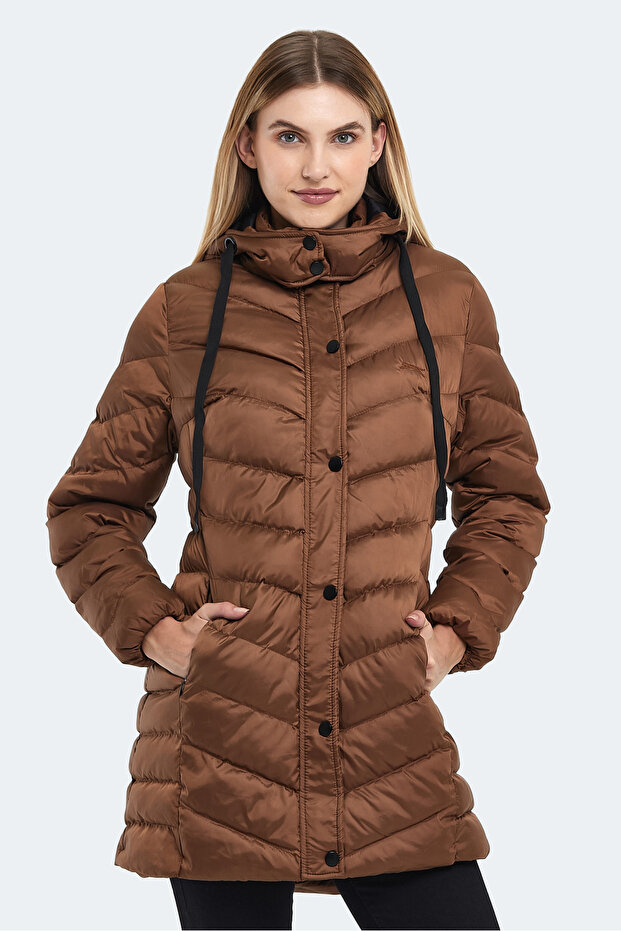 Gwen Women's Hooded Puffer Tan Coat & Jacket
