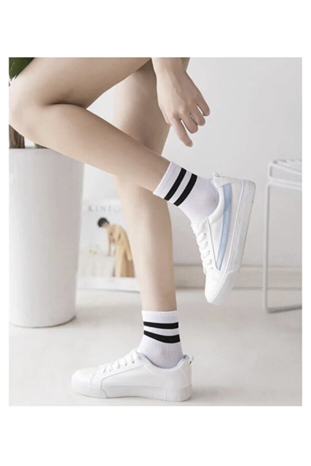 3 Pairs Unisex White Top Black Washed College Tennis Socks