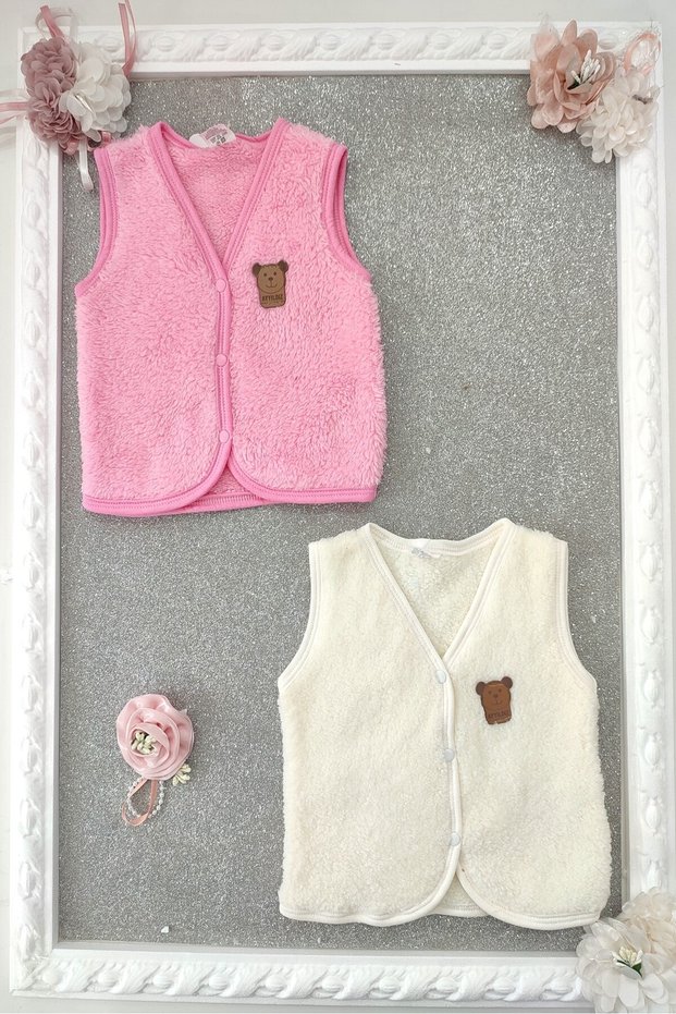 baby girl crescent and star welsoft front snap fastener teddy bear coat of arms 2-piece baby plush vest