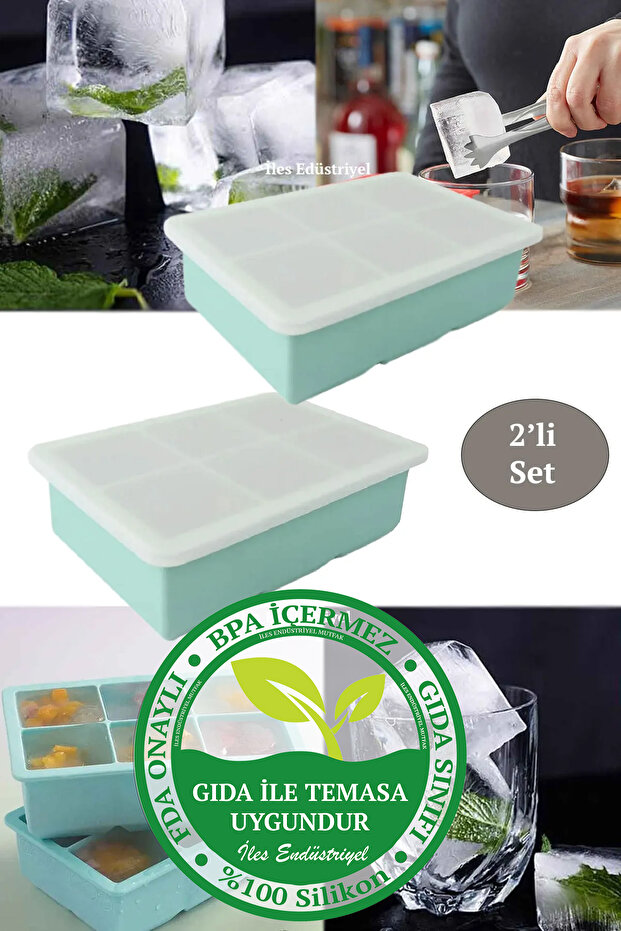 Silicone Large Size Xxl 6-Piece Cube Ice Mold with Lid, Green 2 Pieces