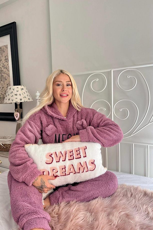 Lila Meow Desenli Tam Peluş Pijama Takımı - 3