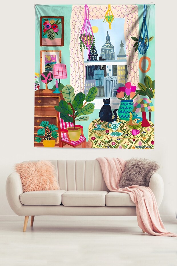 Penceredeki Kedi Bohem İskandinav Stil Yaprak Leke Tutmaz Kumaş Duvar Örtüsü Duvar Halısı Tapestry - 2