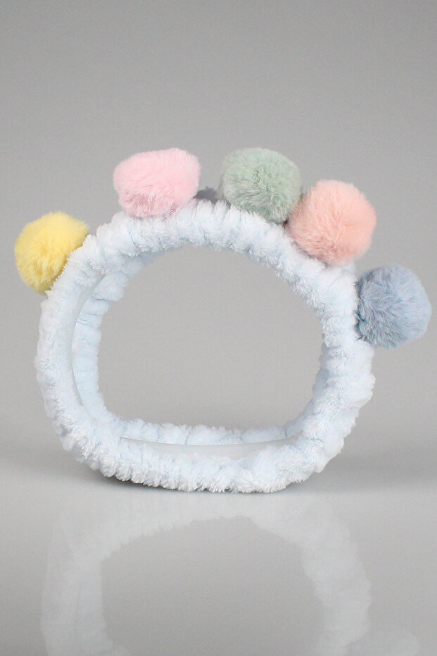 Blue Color Pompom Plush Bandana Makeup Spa Hair Band