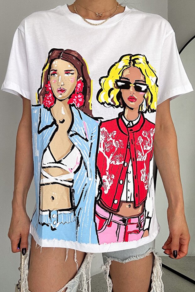 Women's White Printed Cotton T-Shirt