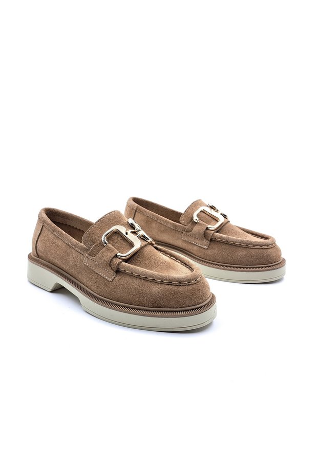 Genuine Suede Leather Camel Color Buckle Women's Loafer Shoes