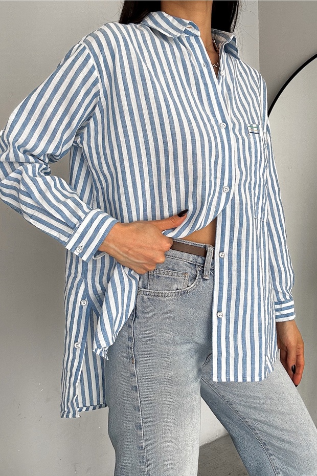 Women's Blue Folding Cufflinks, Slits, Single Pocket, Striped 75% Cotton 25% Linen Shirt