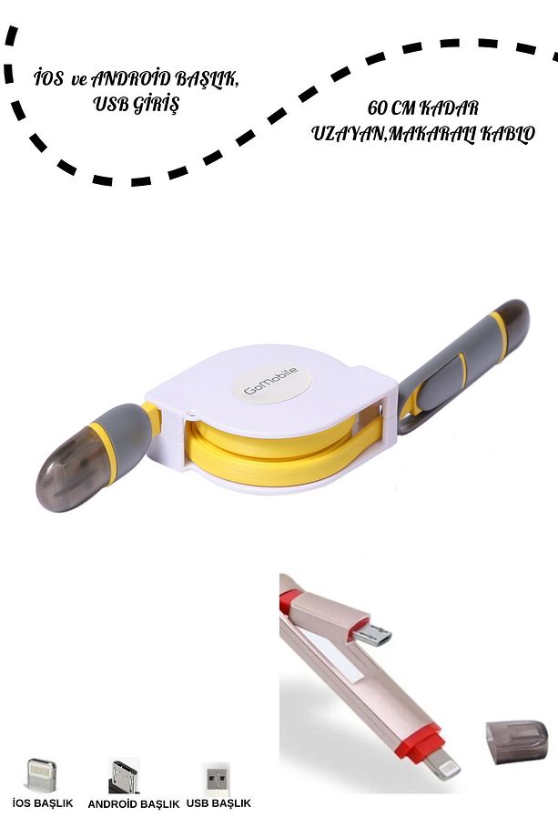 Kablo Dağınıklığına Son Çift Uçlu Makaralı Kendinden Toplamalı Android Ios Usb Başlık Şarj Kablosu - 1