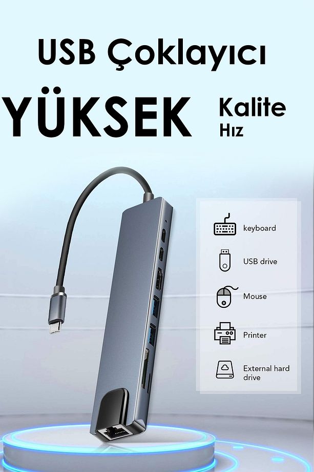 USB Çoklayıcı 8in1 Hub Type-C 4K Hdmı SD TF Kart Okuyucu Usb 3.0 Okuyucu Adaptör - 2