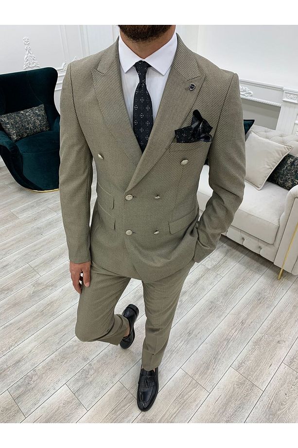 Erkek Kruvaze Takım Elbise Kırlangıç Yaka İtalyan Kesim Slim Fit Ceket Yelek Pantolon-Krem - 3