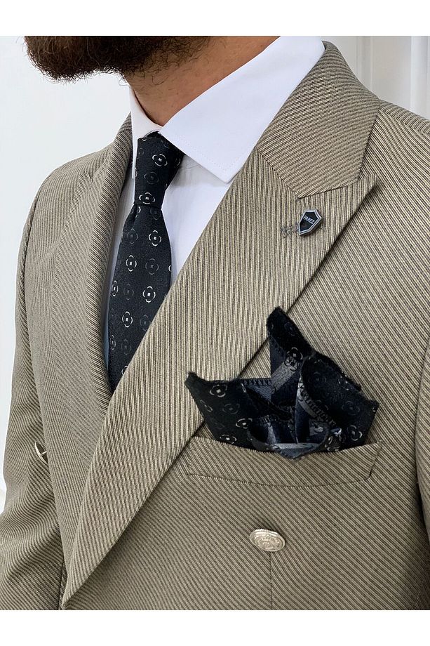 Erkek Kruvaze Takım Elbise Kırlangıç Yaka İtalyan Kesim Slim Fit Ceket Yelek Pantolon-Krem - 6