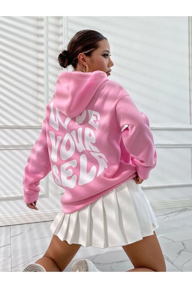 Women's Pink Love Yourself Printed Oversize Hooded Sweatshirt