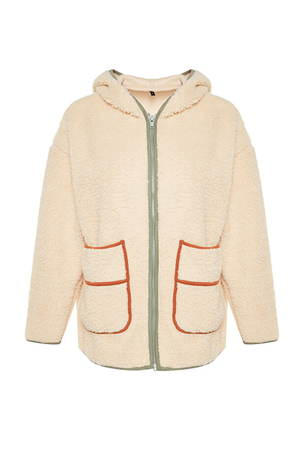 Ekru Kalın Kontrast Biyeli Kapüşonlu Relaxed/Rahat Kalıp Örme Sweatshirt TWOAW24SW00021 - 6