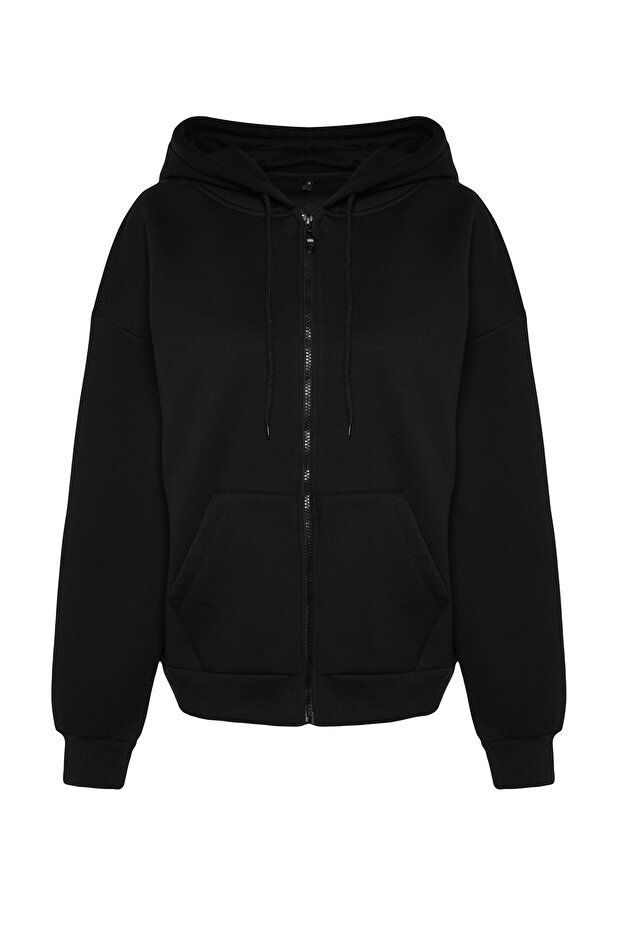 Siyah Oversize/Rahat Kesim Basic Kapuşonlu Kalın İçi Polarlı Örme Sweatshirt TWOAW24SW00188 - 7
