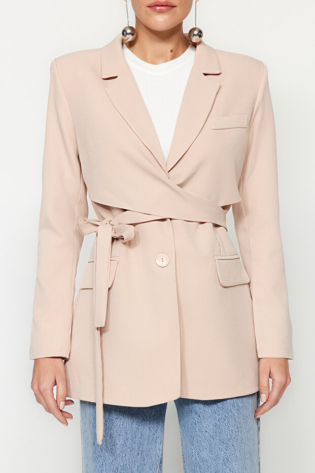 Gewebte Blazerjacke mit normalem Futter in Stein TWOAW21CE0320 - 5