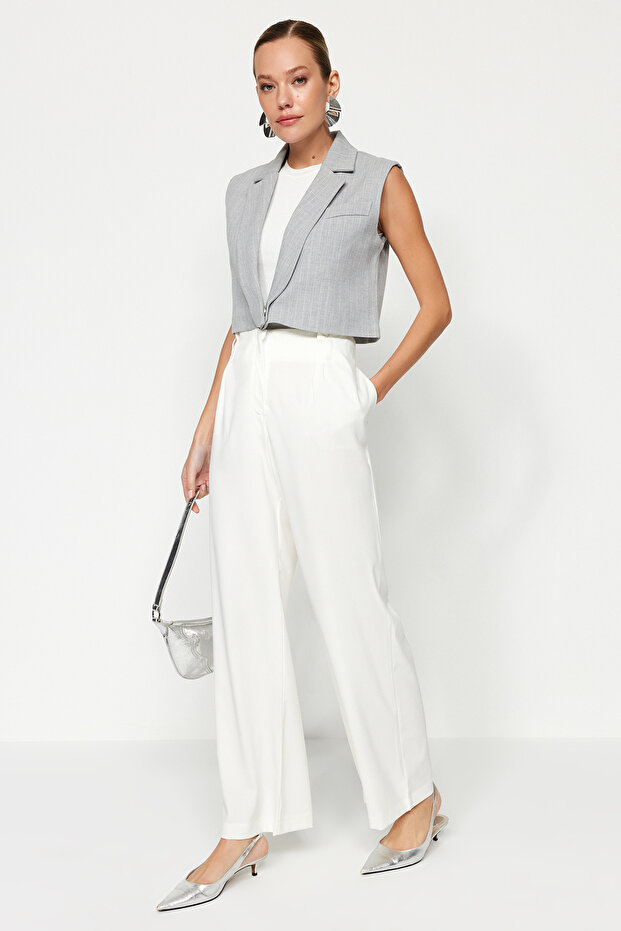 Ekru Yüksek Bel Wide Leg Geniş Paça Dokuma Pantolon TWOAW24PL00332 - 1