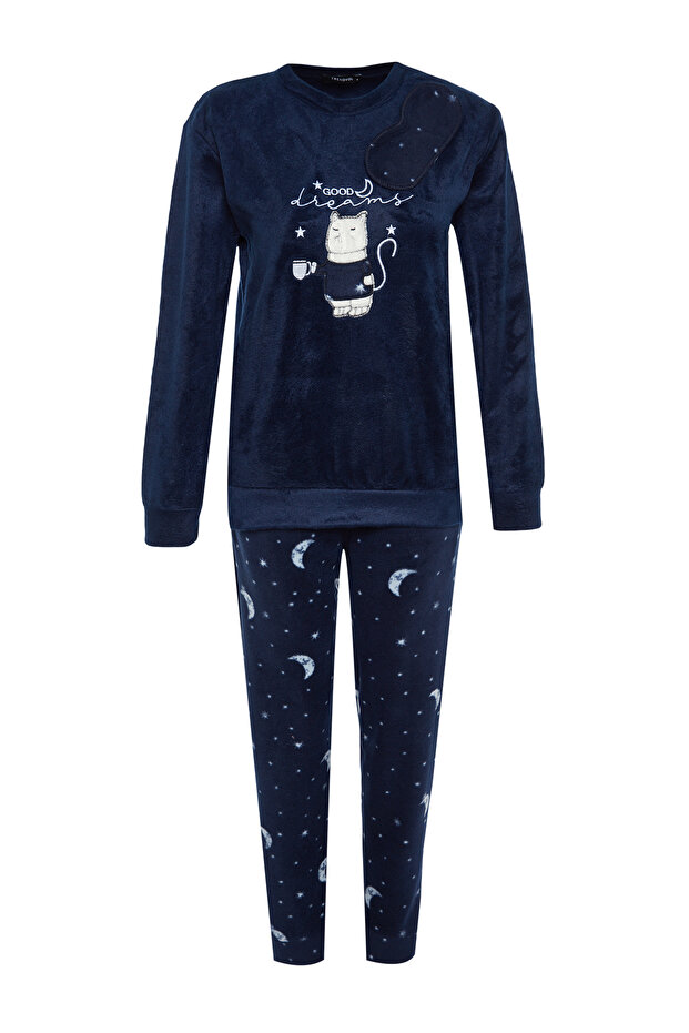 Lacivert Kedi Nakışlı Kadife Kışlık Örme Pijama Takımı THMAW24PT00169 - 5