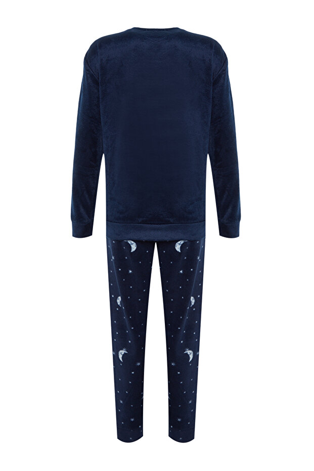 Lacivert Kedi Nakışlı Kadife Kışlık Örme Pijama Takımı THMAW24PT00169 - 6