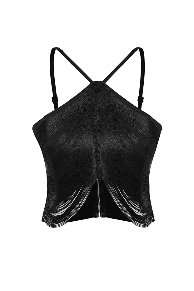 Siyah Crop Püskül Detaylı Dokuma Bluz TPRAW24BZ00082 - 6