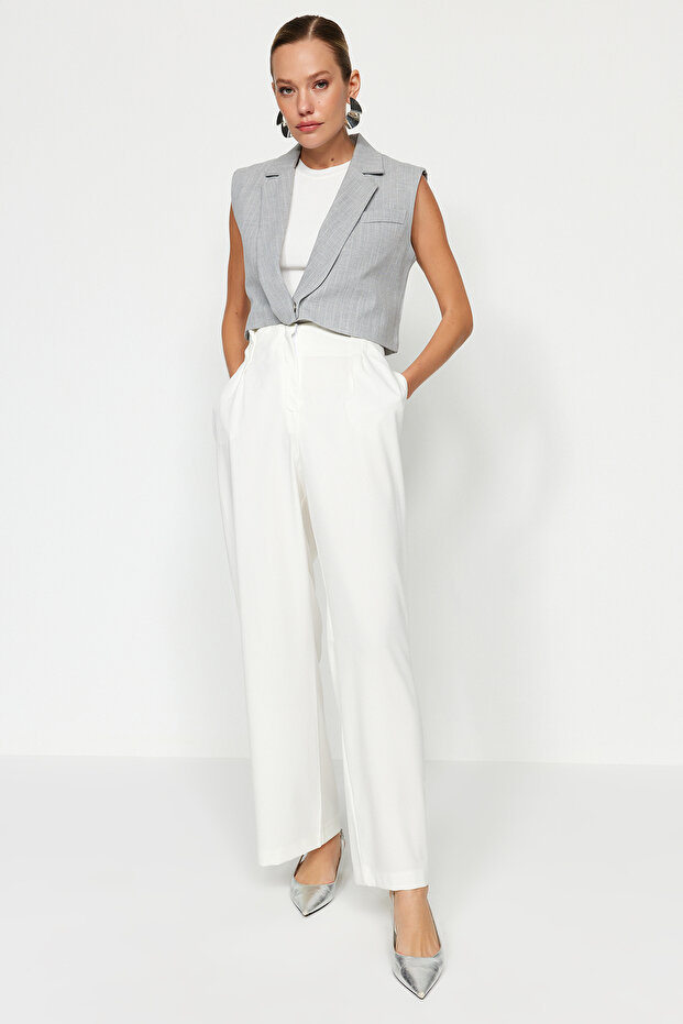 Ekru Yüksek Bel Wide Leg Geniş Paça Dokuma Pantolon TWOAW24PL00332 - 3
