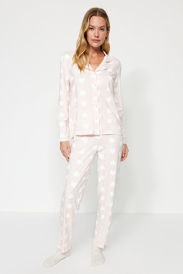 Pudra %100 Pamuklu Kalpli Gömlek-Pantolon Örme Pijama Takımı THMAW24PT00253 - 3