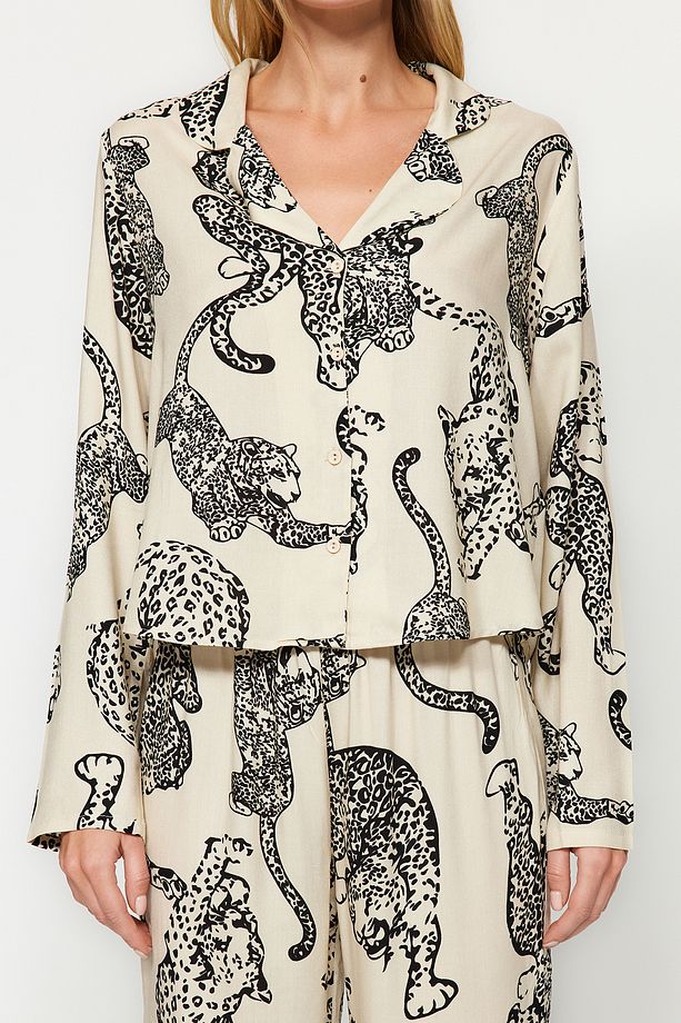 Krem Kaplan Desenli Viskon Dokuma Pijama Takımı THMAW24PT00092 - 4