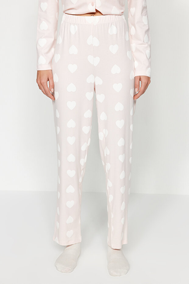Pudra %100 Pamuklu Kalpli Gömlek-Pantolon Örme Pijama Takımı THMAW24PT00253 - 5