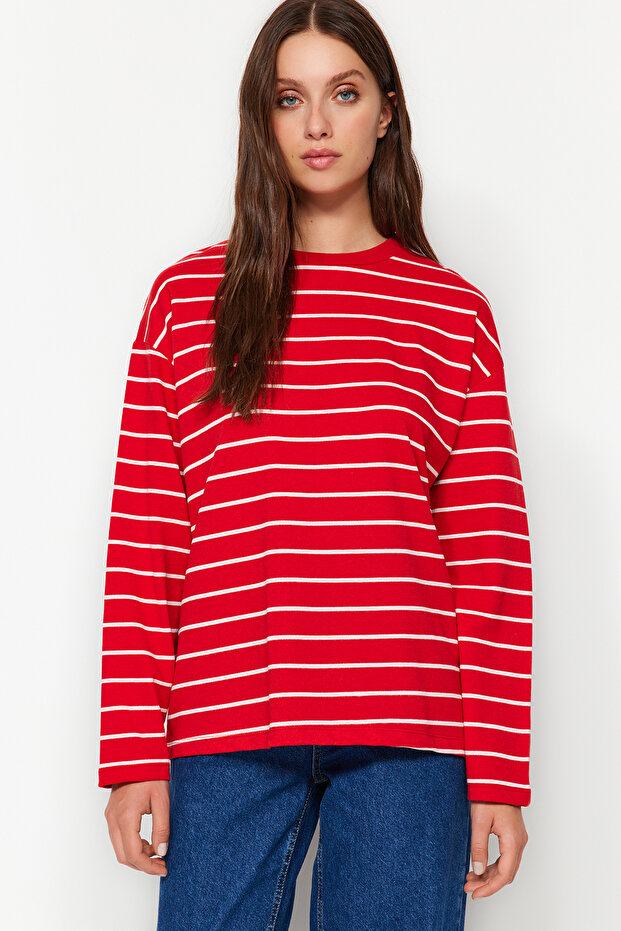 Kırmızı Çizgili Oversize/Geniş Kesim Bisiklet Yaka İnce Örme Sweatshirt TWOAW23SW00326 - 5