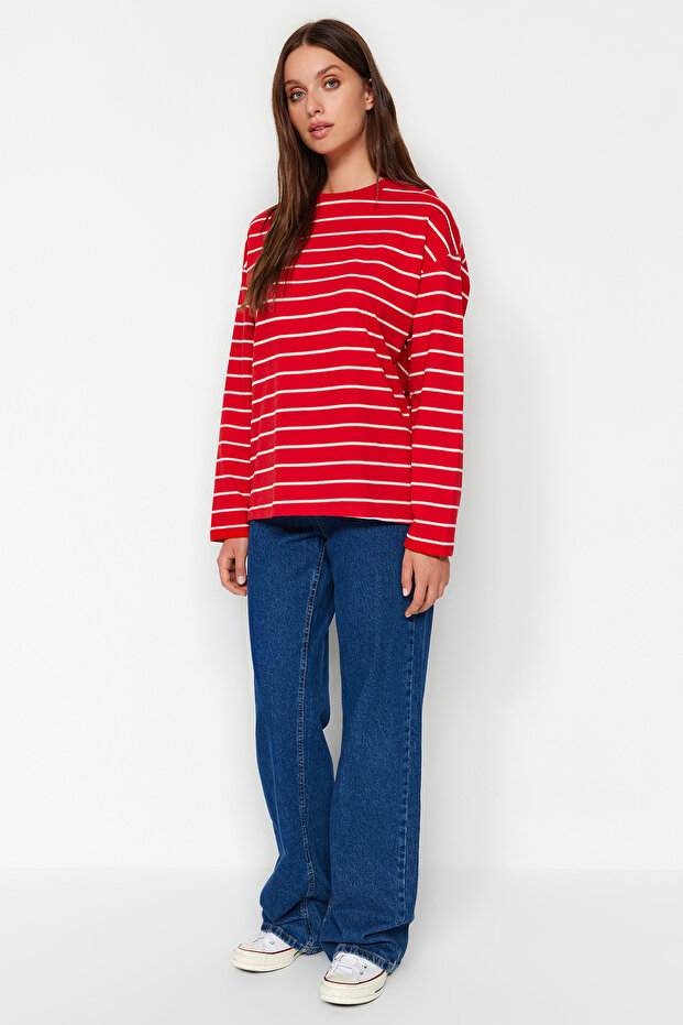 Kırmızı Çizgili Oversize/Geniş Kesim Bisiklet Yaka İnce Örme Sweatshirt TWOAW23SW00326 - 6
