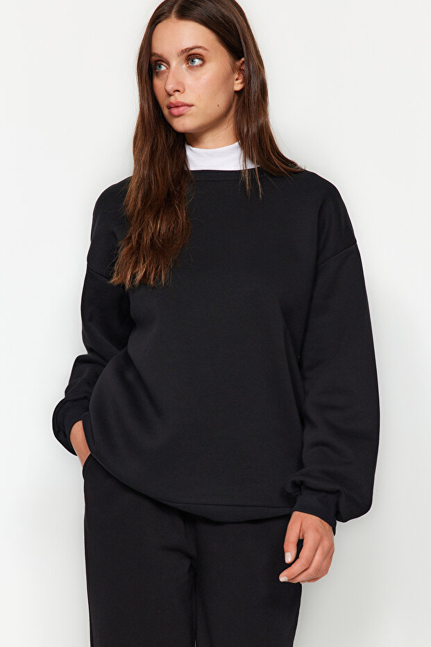 Siyah Oversize/Bol Kesim Bisiklet Yaka Kalın/İçi polarlı Örme Sweatshirt TWOAW24SW00102 - 5