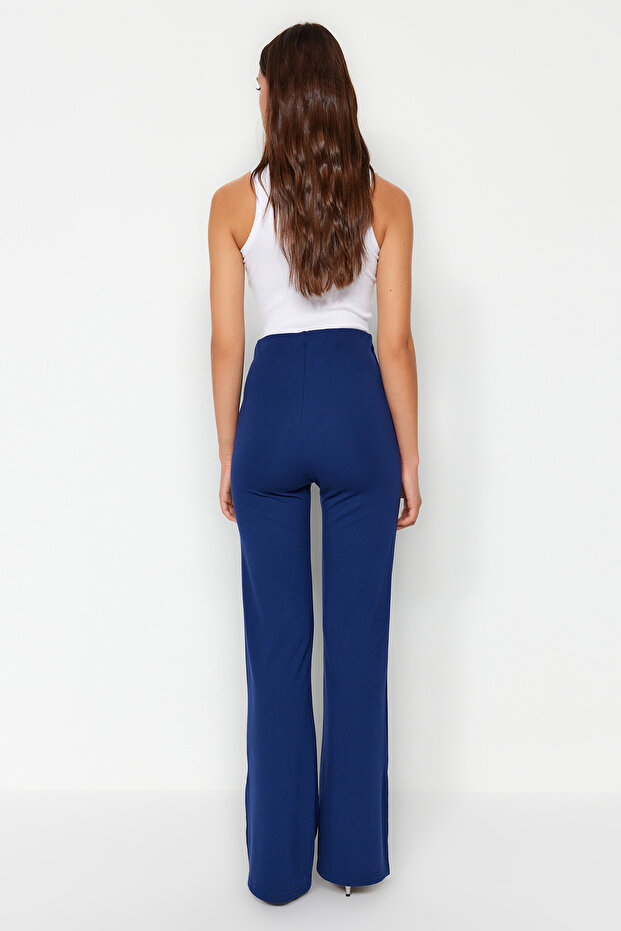 Indigo Yanları Yırtmaçlı Flare/İspanyol Paça Yüksek Bel Örme Pantolon TWOSS23PL00134 - 5