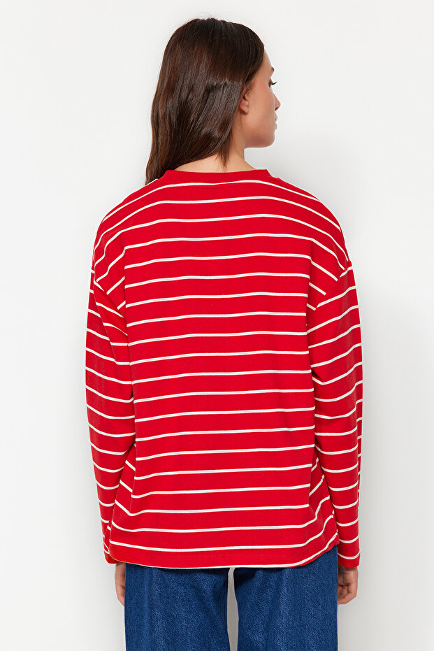 Kırmızı Çizgili Oversize/Geniş Kesim Bisiklet Yaka İnce Örme Sweatshirt TWOAW23SW00326 - 8