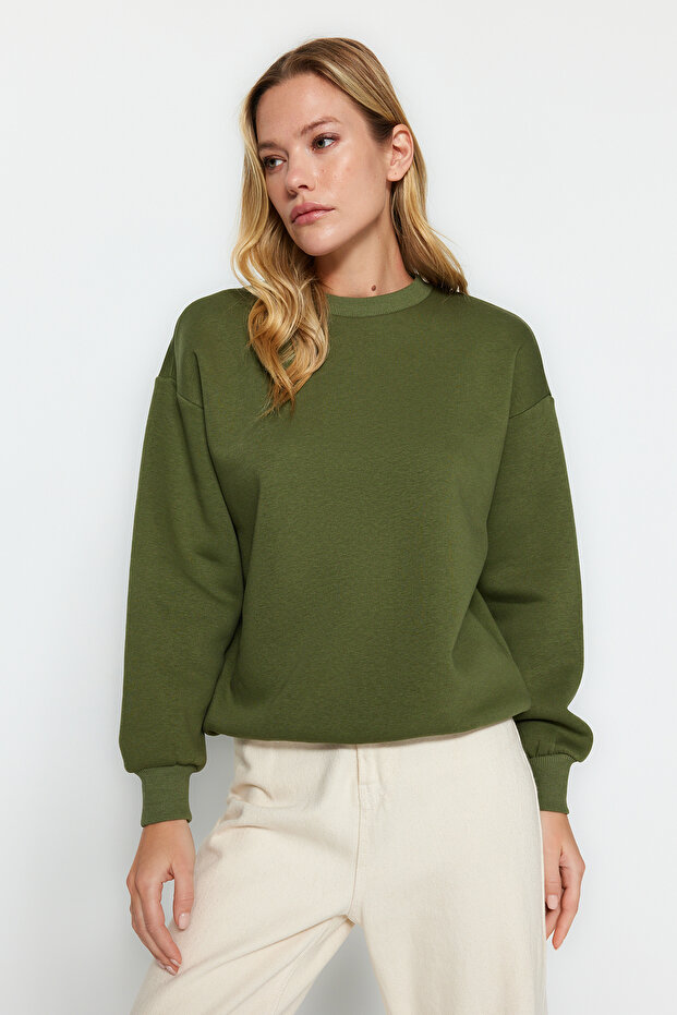 Haki Kalın İçi Polarlı Regular/Normal Kalıp Bisiklet Yaka Basic Örme Sweatshirt TWOAW24SW00101 - 3