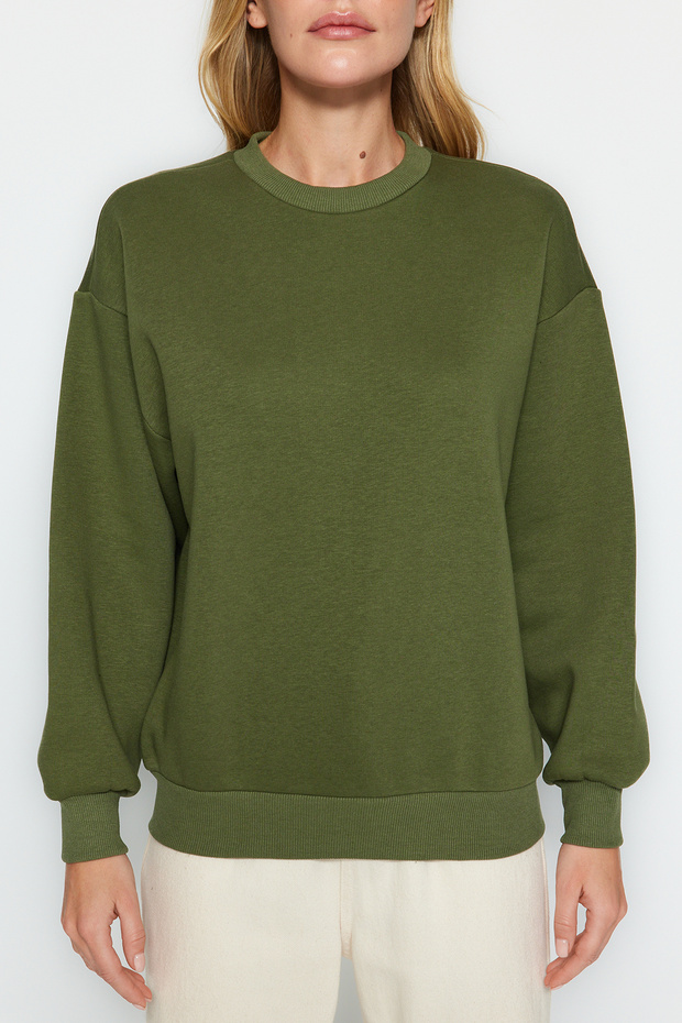 Haki Kalın İçi Polarlı Regular/Normal Kalıp Bisiklet Yaka Basic Örme Sweatshirt TWOAW24SW00101 - 4