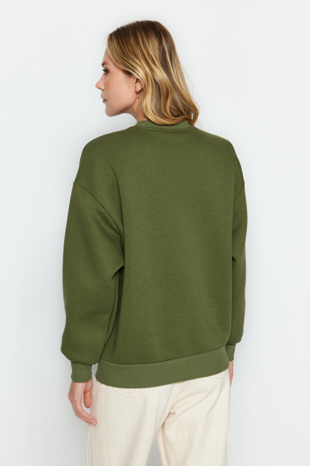 Haki Kalın İçi Polarlı Regular/Normal Kalıp Bisiklet Yaka Basic Örme Sweatshirt TWOAW24SW00101 - 6