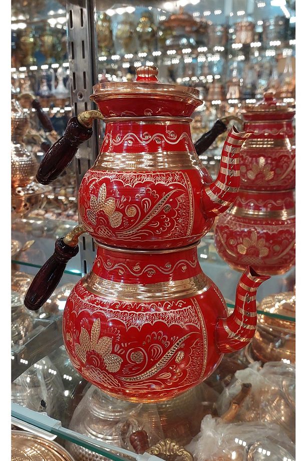 Bakır Çaydanlık-bakır Demlik El Işlemeli Bakır Demlik No:2 Çiçek Desenli Çaydanlik Tombul Çaydanlık - 2