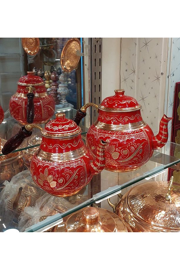 Bakır Çaydanlık-bakır Demlik El Işlemeli Bakır Demlik No:2 Çiçek Desenli Çaydanlik Tombul Çaydanlık - 5