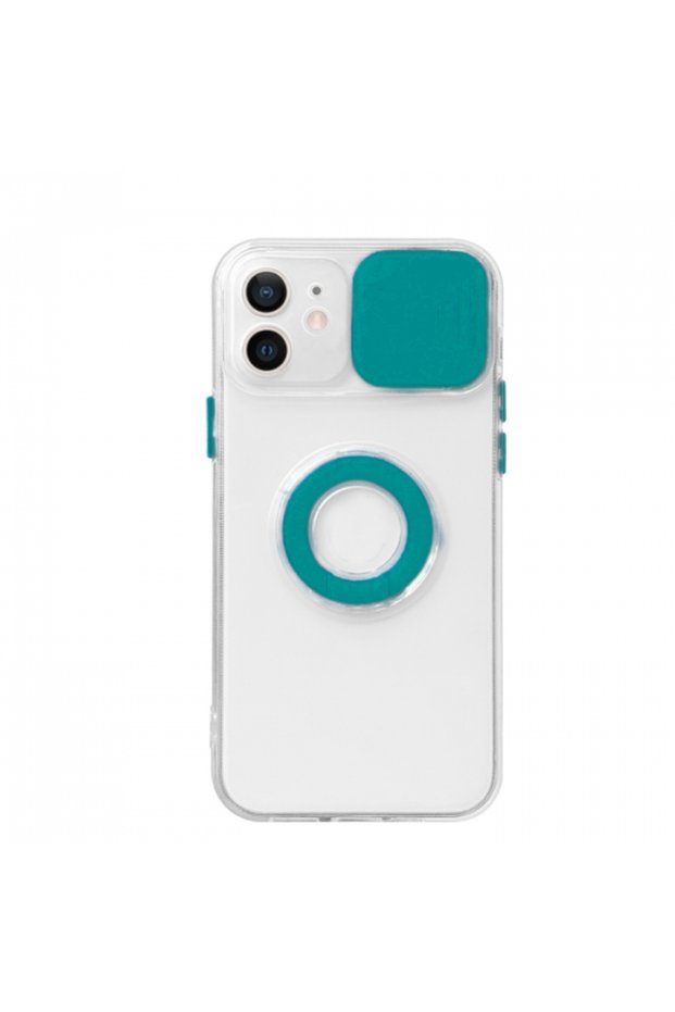 iPhone 12 Mini 5.4Inch Case Silicone Case with Sliding Camera Lens Protection Ring Stand Green