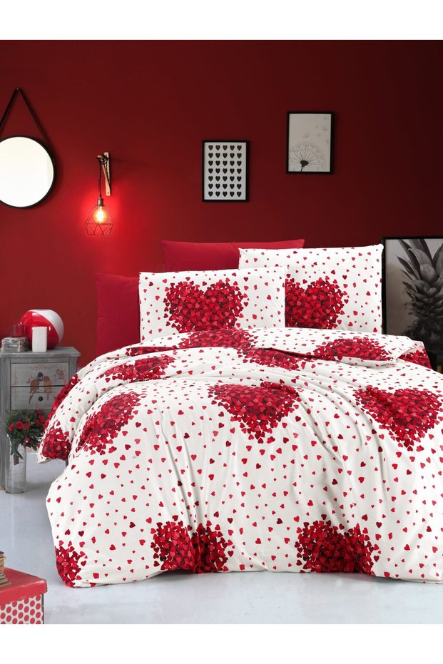 Double Ranforce Woven Sheet Elastic Duvet Cover Set with Heart